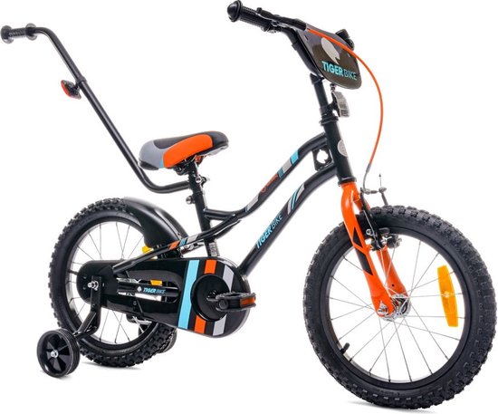 Tiger Bike Kinderfiets voor jongens 16 inch Oranje , leeftijd 4 tot 6 jaar, met zijwieltjes, duwstang, handrem van Toimsa
