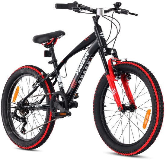 Tiger Bike Kinderfiets voor jongens 20 inch wielmaat te kiezen uit 6 versnellingen Shimano van 6 tot 10 jaar in hoogte verstelbaar (Rood Zwart) van Tiger Bike