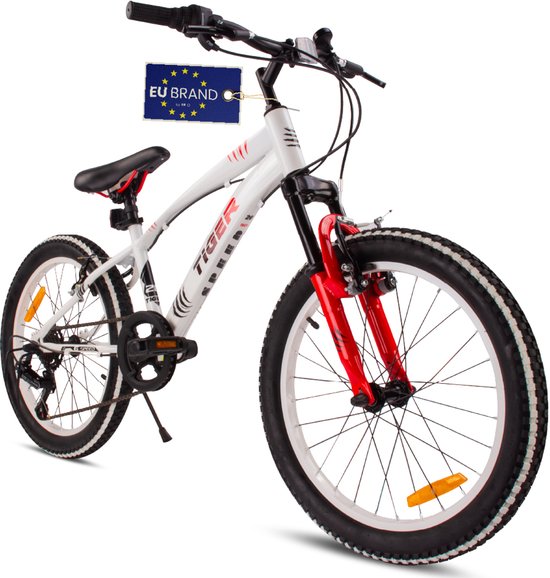 Tiger Bike Kinderfiets voor jongens van 6 tot 10 jaar, 20 inch Wit Rood, wielmaat te kiezen uit 6 versnellingen Shimano, in hoogte verstelbaar van Tiger Bike