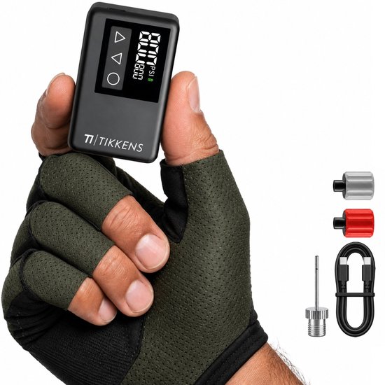 Tikkens® AirGo Elektrische Fietspomp XS - Mini Luchtcompressor - 118 gram - Draagbaar - Digitaal Display - Koersfiets - Racefiets - Gravelbike - Sportfiets - Stadsfiets - Mountainbike - Scooter - Fatbike - USB-C Oplaadbaar - Presta/Schräder/Dunlop van TIKKENS
