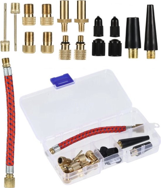 TLVX Ventiel adapters en doppen set 17 stuks met opbergdoosje / Balnaalden / Ventiel Adapter Elektrische Fiets / Step banden / Fatbike / E-Scooter / Voetbal / Autoband / Fietsband / Oppompen / Compressor / Voetpomp verloopstuk / Luchtbed / Universeel