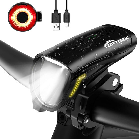 TopTrek Fietsverlichtingsset 70/30 lux - LED-lichtstanden - IPX5 waterdicht - USB oplaadbaar - Inclusief voor- en achterlicht