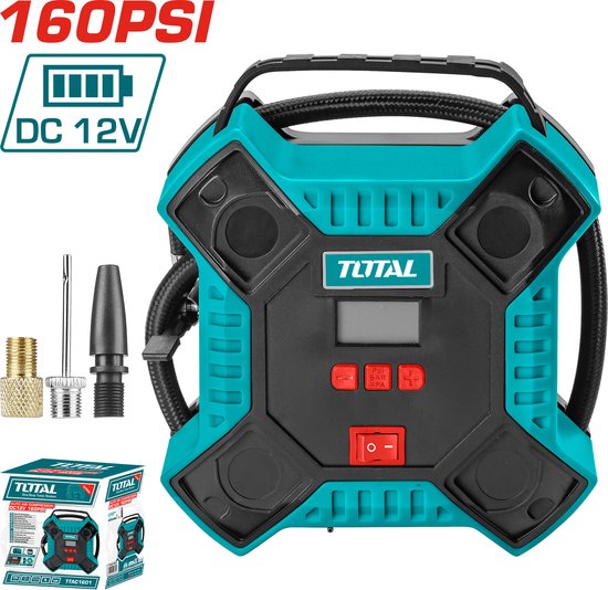 Total Tools auto luchtcompressor 12V - 160 PSI - bandenpomp met adapters