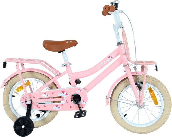TOTSY Meisjesfiets 14 inch – met rekje - Kinderfiets – 3, 4 & 5 jaar – Roze – 14 inch Fiets – Inclusief Zijwieltjes van TOTSY