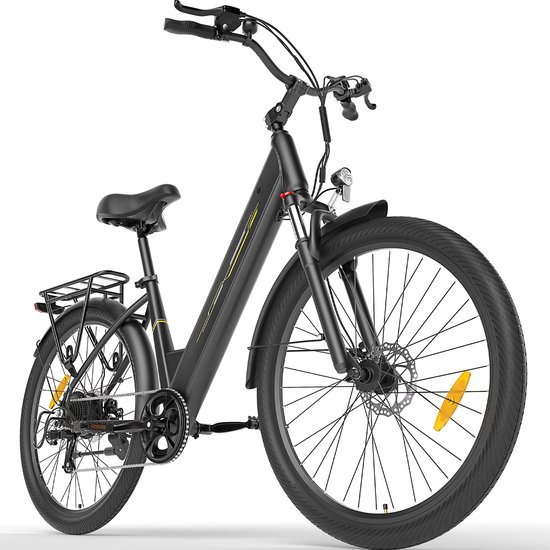 Touroll 2026 J1-zwarte stap-in elektrische fiets-27,5 inch-250W achterwielmotor 45Nm-Shimano 7 versnellingen-561,6Wh losneembare accu tot 100km-80mm vergrendelbare voorvering