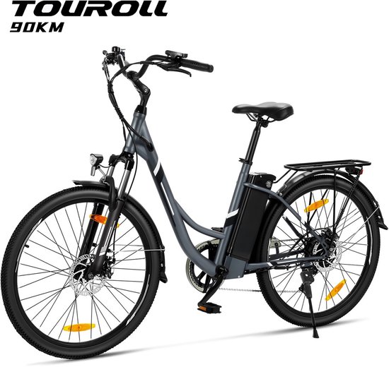 Touroll Bries 1 Pro-Breezi-Stapdoor-E‑Bike-Grijs‑26-Inch‑250W‑90km‑Bereik‑Shimano‑7‑versnellingen‑Schijfremmen‑IPX4