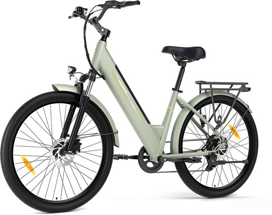 Touroll-J1-groene stap-in elektrische fiets-27,5 inch-250W achterwielmotor 45Nm-Shimano 7 versnellingen-561,6Wh losneembare accu tot 100km-80mm vergrendelbare voorvering