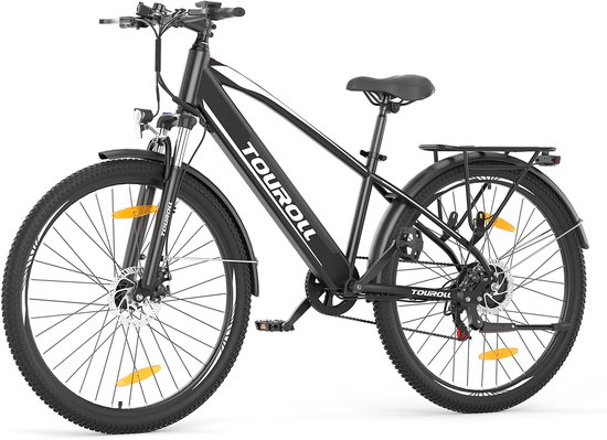 Touroll J1 ST Elektrische Stadsfiets Lage Instap 2026 - 45 Nm Naafmotor - 561,6 Wh Uitneembare Accu - Tot 100 km Actieradius - Shimano 7 Versnellingen - Vergrendelbare Vering - StVZO Verlichting - IPX4 - Zwart