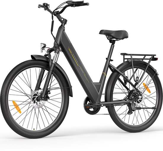 Touroll-J1-stap-in elektrische fiets-zwart 27,5 inch-250W achterwielmotor 45Nm-Shimano 7 versnellingen-561,6Wh losneembare accu tot 100km-80mm voorvering met vergrendeling