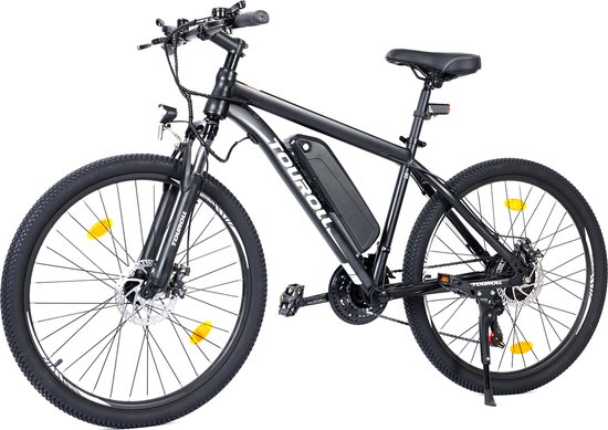 Touroll U1 26-inch Off-Road Tire elektrische MTB fiets met 250W motor, 36V 13Ah verwisselbare batterij, max 65km actieradius, Shimano 21 versnellingen schijfrem IPX4 waterdicht - Zwart van Touroll
