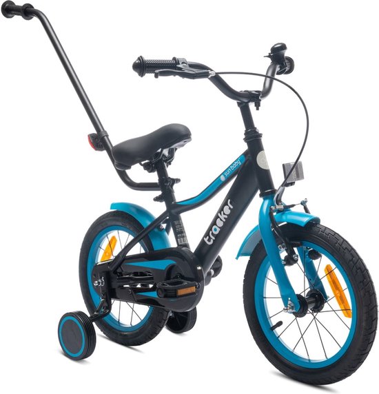 Tracker Bike Kinderfiets voor jongens 14 inch Blauw neon, leeftijd 3 tot 5 jaar, met zijwieltjes, duwstang, handrem) van Tomer