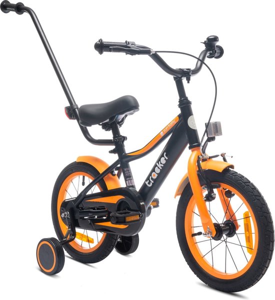 Tracker Bike Kinderfiets voor jongens 14 inch Oranje Neon, leeftijd 3 tot 5 jaar, met zijwieltjes, duwstang, handrem van Tracker Bike