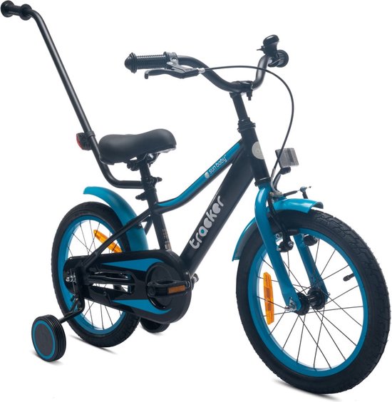 Tracker Bike Kinderfiets voor jongens 16 inch Blauw neon, leeftijd 4 tot 6 jaar, met zijwieltjes, duwstang, handrem van Tracker Bike