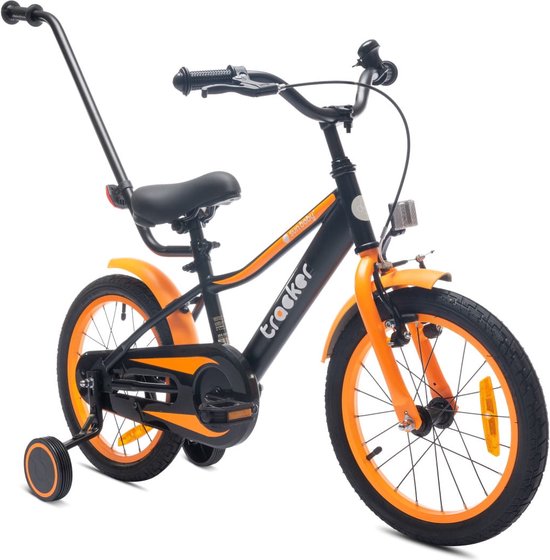 Tracker Bike Kinderfiets voor jongens 16 inch Oranje Neon, leeftijd 4 tot 6 jaar, met zijwieltjes, duwstang, handrem van AMIGO