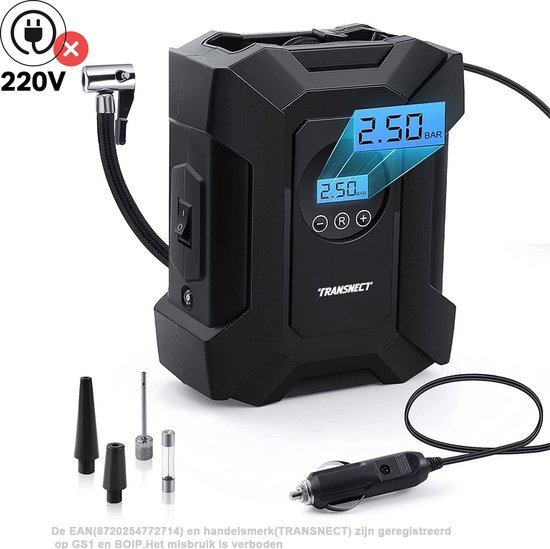 TRANSNECT Compressor Bandenpomp - Luchtcompressor - Elektrische 12V - 30 L/Min - 100psi - Draagbaar - voor Auto, Fiets, motorfiets