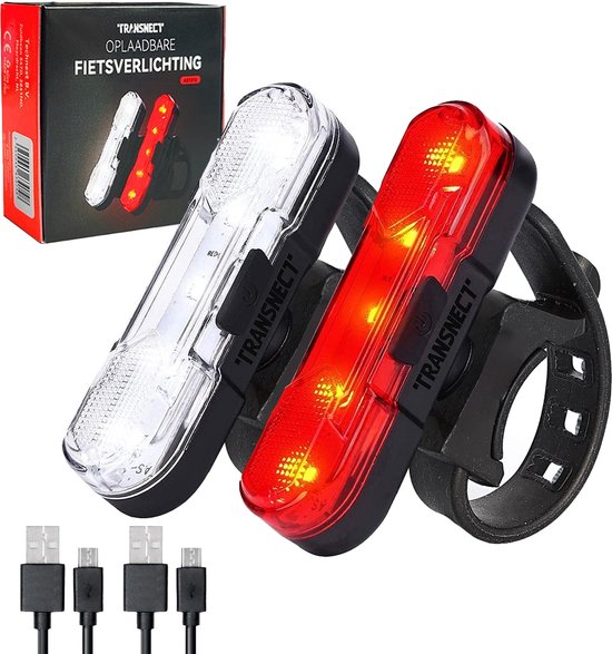 TRANSNECT® - Fietsverlichting LED set - Fietslampjes voor en achter licht - 6 lichtstanden - USB oplaadbaar - Draagbaar - Waterdicht van Merkloos