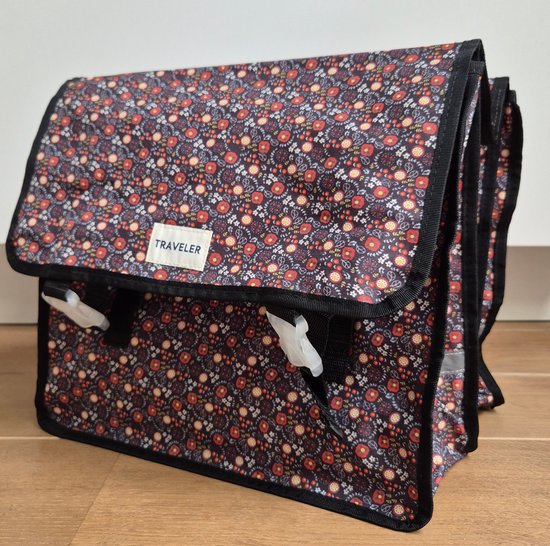 Traveler Dubbele zwarte fietstas bloemen rood geel wit van Merkloos