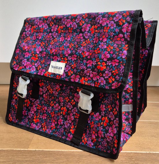 Traveler Dubbele zwarte fietstas bloemen roze paars rood van FastRider