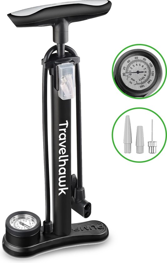 Travelhawk Fietspomp - Dubbele Ventielkop - Bal Pomp - Met drukmeter - Handig Voor Onderweg Of Op Reis - Inclusief Draagtas - Zwart van Travelhawk