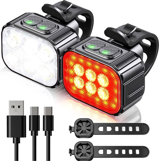 Travelhawk Fietsverlichting - Voorlicht / Achterlicht - Fiets Koplamp - LED Fietslampjes Rood en Wit - Waterdicht - USB-C Oplaadbaar van Travelhawk