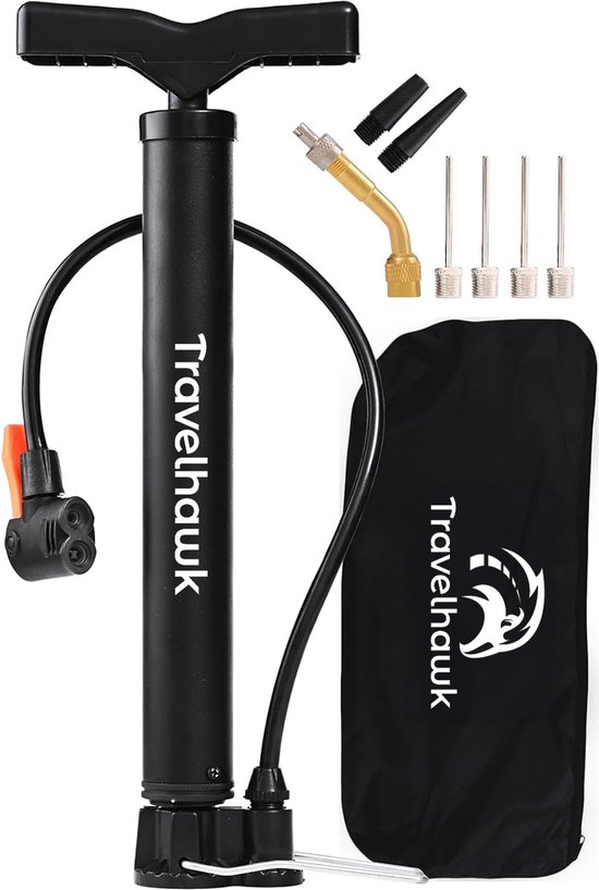 Travelhawk Mini Fietspomp - Dubbele Ventielkop - Ballenpomp - Bandenpomp - Handig Voor Onderweg Of Op Reis - Inclusief Draagtas - Zwart
