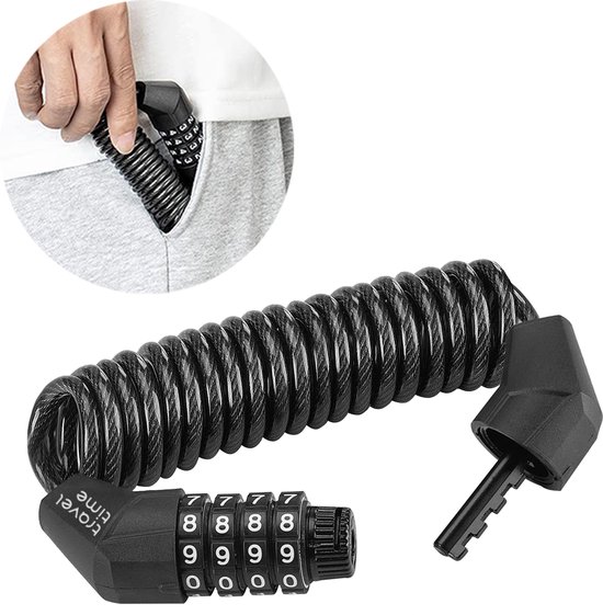 TRAVELTIME cycling quickcode coil cable fietsslot - kabelslot fiets cijferslot - codeslot - zwart - 180cm van TRAVELTIME