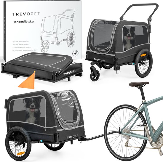 TrevoPet - Hondenfietskar - Hondenkar - Hondenfietskar Opvouwbaar - Hondenfietskar voor Kleine en Grote honden (max. 30kg) - Honden Fietskar - 2-in-1 Hondenfietskar voor Fiets naar Hondenbuggy - Hondenwagen - Geschikt voor E-Bikes en Normale Fietsen van Trevopet