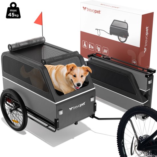 Trevopet® Hondenfietskar XL - Opvouwbare Fietskar Hond - Hondenkar met Loopplank, Veersysteem & Weerbestendig - Geschikt voor E-Bikes - 45 kg - Grijs van Trevopet
