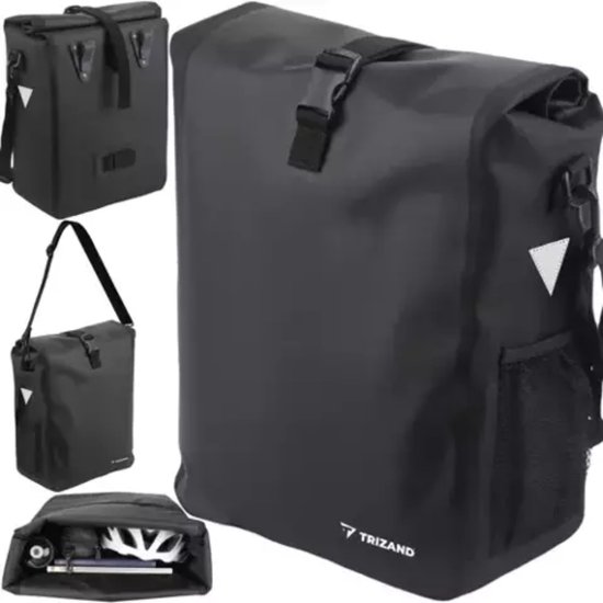 Trizand Multifunctionele Enkele Fietstas met Roltop 15-20 Liter - Shopper Schoudertas met Draagband - Zwart van Trizand