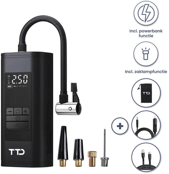 TTD® Draagbare Elektrische Fietspomp en Bandenpomp Auto - Luchtcompressor - USB Oplaadbaar - Met Powerbank - Zaklampfunctie - 2x Krachtige 2000 mAh Accu's