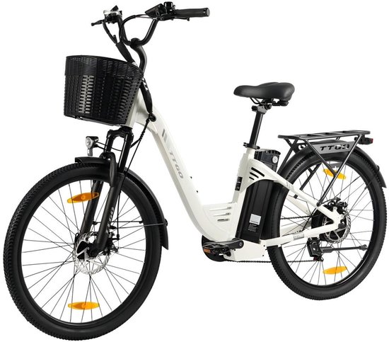 TTGO C2 PRO Elektrische Fiets - 250W Motor - 36V18Ah Accu - 26x1.95" Banden - Max Snelheid 25km/u - Max Bereik 80-120km - Shimano 7 Versnellingen - Wit van TTGO