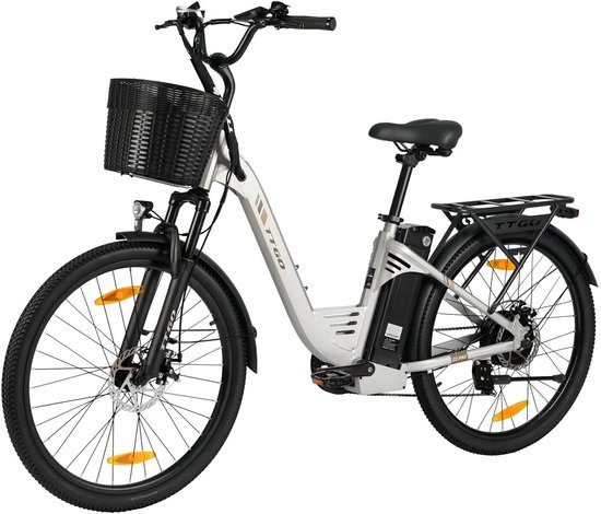 TTGO C2 PRO Elektrische Fiets - 250W Motor - 36V18Ah Accu - 26x1.95" Banden - Max Snelheid 25km/u - Max Bereik 80-120km - Shimano 7 Versnellingen - Zilver van TTGO