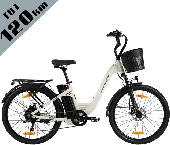 TTGO Elektrische Fiets C2 Pro - 26" stadsfiets - Tot 120 km Actieradius - 36V 18Ah Accu - Shimano 7 Versnellingen - LCD Display - Voorvorkvering - Inclusief Bagagedrager en Mand - wit van Merkloos