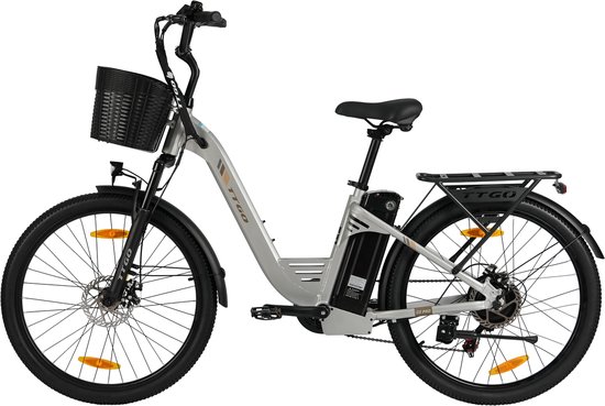 TTGO Elektrische Fiets C2 Pro - 26" stadsfiets - Tot 120 km Actieradius - 36V 18Ah Accu - Shimano 7 Versnellingen - LCD Display - Voorvorkvering - Inclusief Bagagedrager en Mand - zilver van TTGO