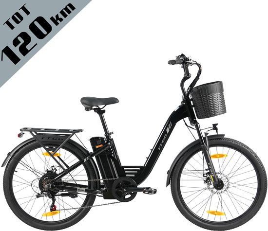 TTGO Elektrische Fiets C2 Pro - 26" stadsfiets - Tot 120 km Actieradius - 36V 18Ah Accu - Shimano 7 Versnellingen - LCD Display - Voorvorkvering - Inclusief Bagagedrager en Mand - zwart van Merkloos