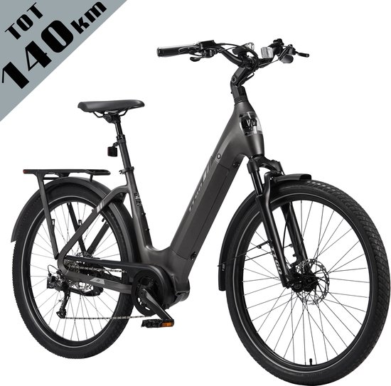 TTGO Elektrische Fiets - Stadsfiets 27.5 Inch - Middenmotor - 18Ah Accu tot 140 km - Shimano 9 Versnellingen - Hydraulische Schijfremmen - Grijs