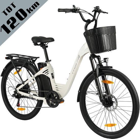 TTGO Elektrische Fiets - Tot 120 km Actieradius - 18Ah Accu - 26" stadsfiets - Shimano 7 Versnellingen - LCD Display - wit van Merkloos