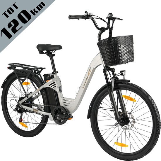 TTGO Elektrische Fiets - Tot 120 km Actieradius - 18Ah Accu - 26" stadsfiets - Shimano 7 Versnellingen - LCD Display - zilver van Merkloos