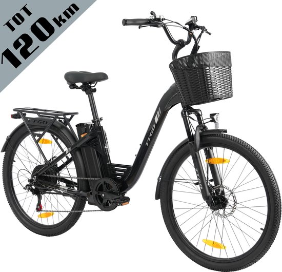 TTGO Elektrische Fiets - Tot 120 km Actieradius - 18Ah Accu - 26" stadsfiets - Shimano 7 Versnellingen - LCD Display - zwart van TTGO