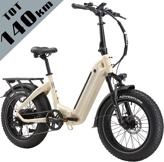 TTGO F6 Bost Elektrische Fiets–48V 18Ah Lithium Accu–Actieradius tot 140 km–Opvouwbaar –20×4.0 inch Fatbike Banden – Hydraulische Schijfremmen –Aluminium Frame –48V 250W Achterwielmotor–Verende Voorvork met Lock-out – Elektrische Stadsfiets– Parelwit van TTGO