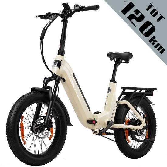 TTGO F7 Elektrische Fiets – Opvouwbaar – 48V 15Ah Lithium Accu – Actieradius tot 120 km – Aluminium Frame met Achtervering – Hydraulische Schijfremmen – 20×3.0 inch Banden – Shimano 7 Versnellingen– Elektrische Stadsfiets – Parelwit van TTGO