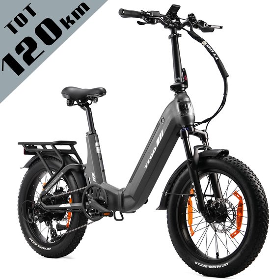 TTGO F7 Opvouwbare Elektrische Fiets – 720Wh Lithium Accu – Actieradius tot 120 km – Aluminium Frame met Achtervering – 20×3.0 inch Brede Banden – Hydraulische Schijfremmen – Shimano 7 Versnellingen – Elektrische Stadsfiets – Grijs van TTGO