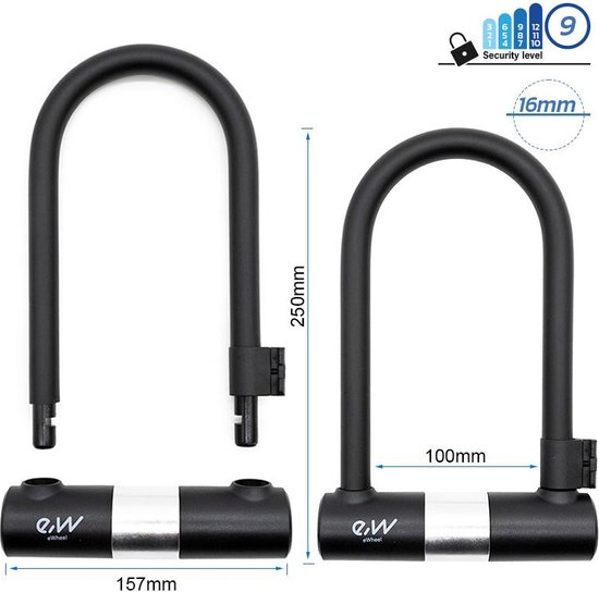 U-slot met sleutel voor Elektrische step, fiets of E-scooter. Zwart