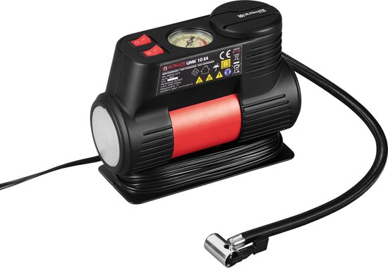 ULTIMATE SPEED® Mini compressor - Druk: max. 10,3 bar (150 psi) - Inclusief 3 adapters (voor ballen, luchtbed, fiets, etc.) - met geïntegreerde manometer - 12V