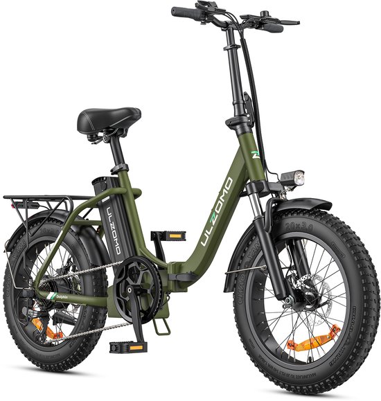 ULZOMO Dolphin Vouwbare Elektrische Fiets 20 inch, Voorvering 250W 25km/h, 36V 18.2Ah Accu, Mechanische schijfremmen, Stadsfiets voor woon‑werkverkeer, E-bike, Groen