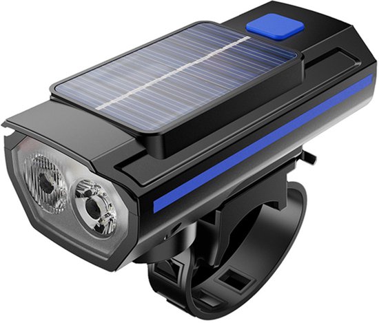 Universele fietskoplamp met claxon, multifunctionele fietslamp op zonne-energie, hoge helderheid en groot bereik.