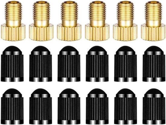 Universele Fietspomp Ventieladapter Set, 18 Stuks, Geschikt voor Dunlop en Sclaverand naar Schrader Ventielen, Inclusief 12 Ventieldoppen en Accessoires