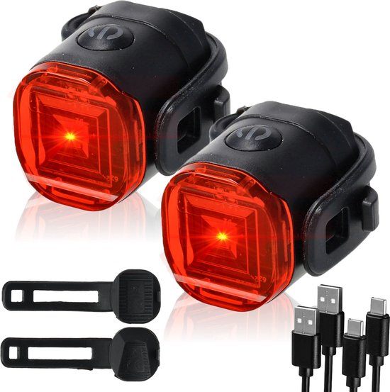 USB-C Oplaadbare LED Fietsverlichting Set - 2 Stuks Waterdicht - Rode Achterlampen voor Fiets, Helm en Werk