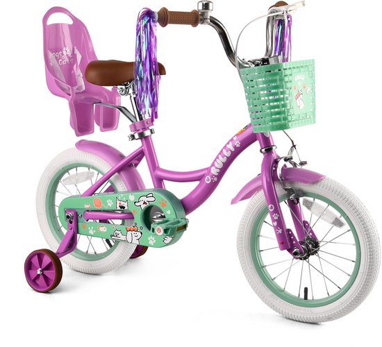 Vankel Kinderfiets 12 Inch – Met Steunwielen – Terugtraprem en Velgrem – Sterk Stalen Frame – Volledig Gesloten Kettingkast – Afneembare Fietsmand – Verstelbaar Zadel – Antislip Banden – Geschikt voor 2-4 Jaar – Duurzame Kinderfiets – Paars