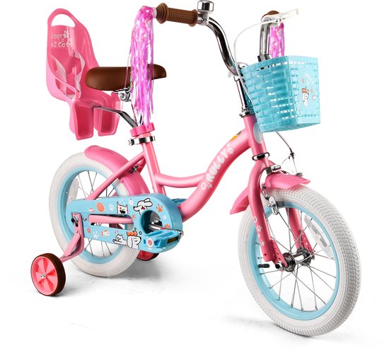 Vankel Kinderfiets 12 Inch – Met Steunwielen – Terugtraprem en Velgrem – Sterk Stalen Frame – Volledig Gesloten Kettingkast – Afneembare Fietsmand – Verstelbaar Zadel – Antislip Banden – Geschikt voor 2-4 Jaar – Duurzame Kinderfiets – Roze